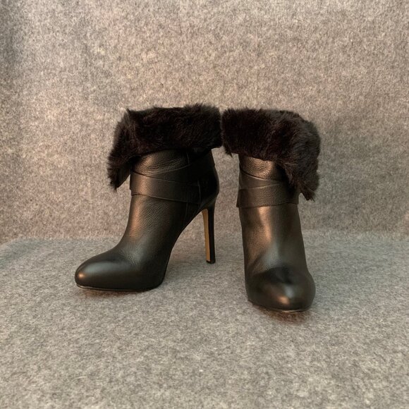 Aldo Women's Black Leather Pull Up Bootie Faux Fur Side Buckle Strap Ankle Boots - Picture 3 of 11